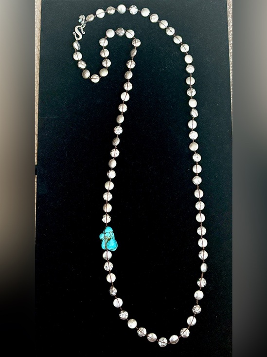 Lucky Brand Jewelry - Lucky Brand Hammered Silver Disc Bead Corded Necklace with Turquoise Nugget 36”